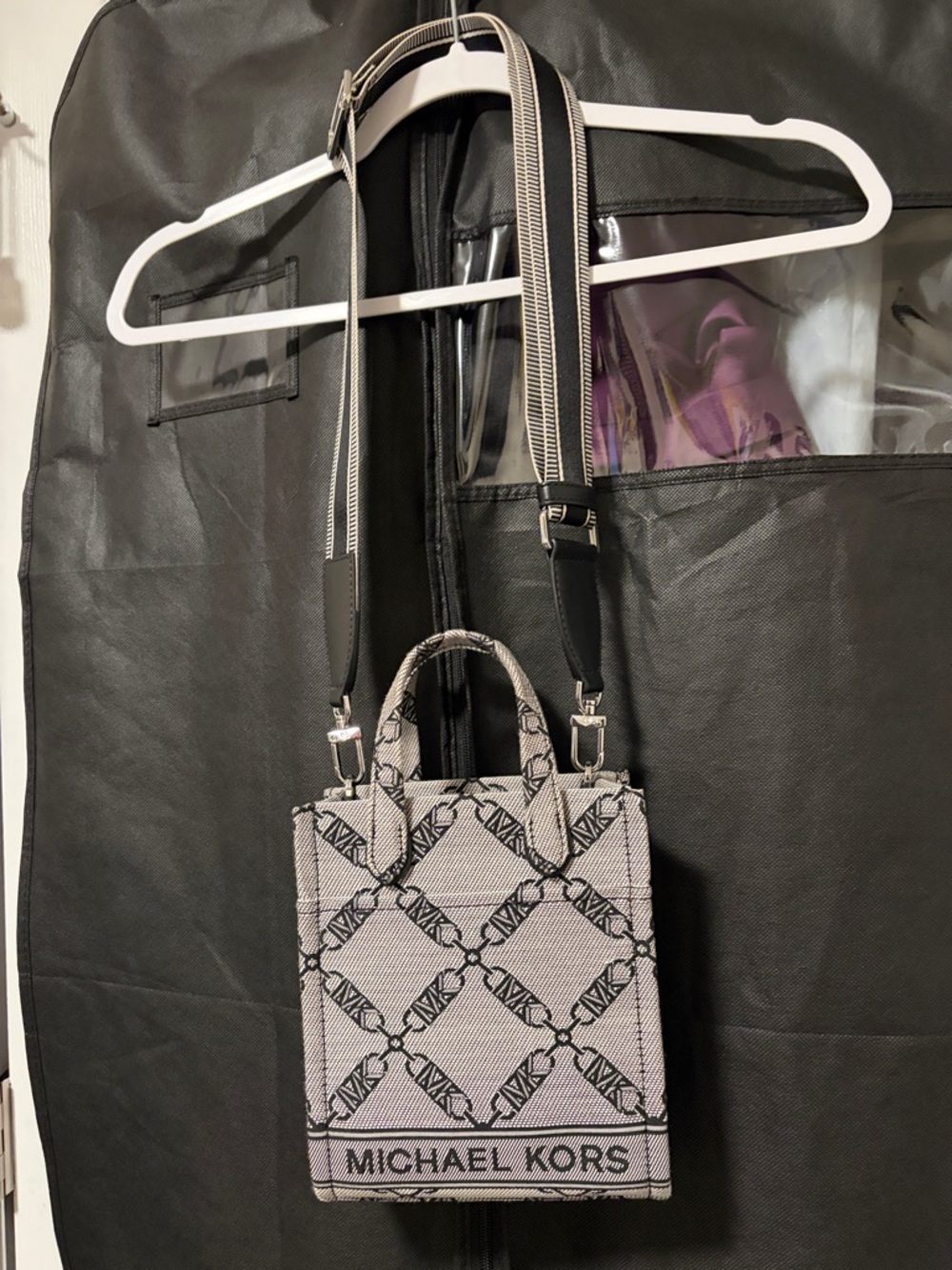 Michael Kors Black & White Logo Crossbody Mini Tote with Striped Strap